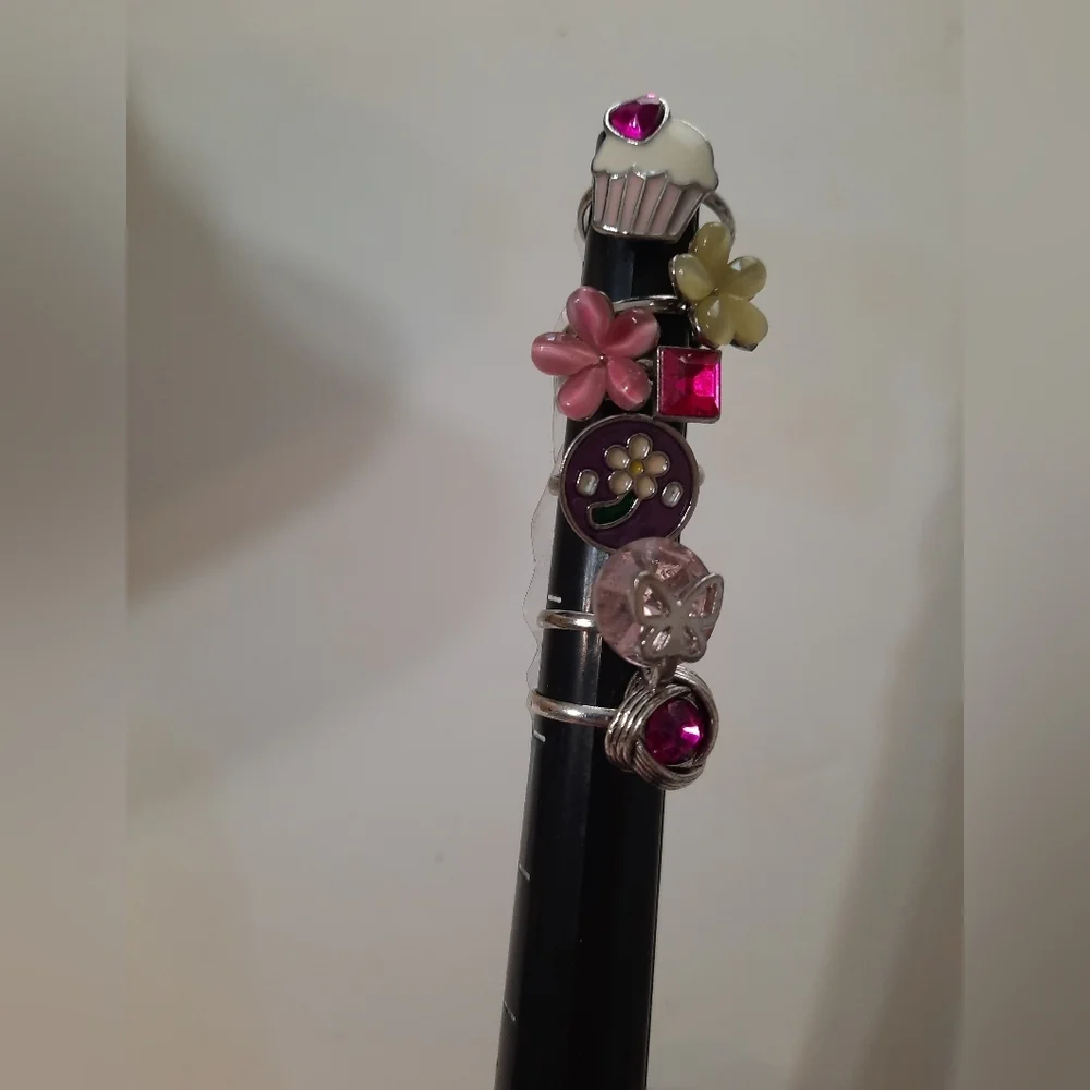 Pappazzi Pink and Yellow Flower Charm Ring Set 9 Kids Adjustable Rings